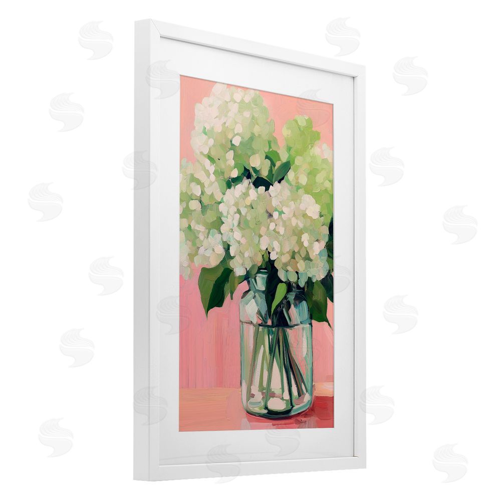 Gina Kelly Hydrangea on Pink Background White Framed Print Under Glass with Mat Wall Art