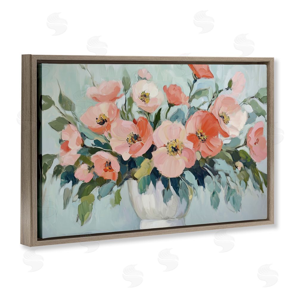 Gina Kelly Pink Flower Arrangement over Green Brown Floating Frame Canvas Wall Art Print