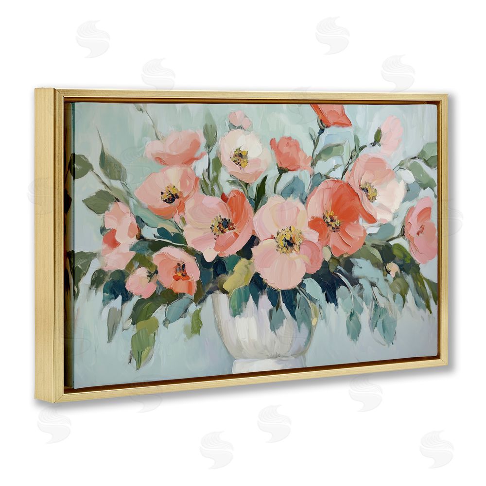 Gina Kelly Pink Flower Arrangement over Green Gold Floating Frame Canvas Wall Art Print