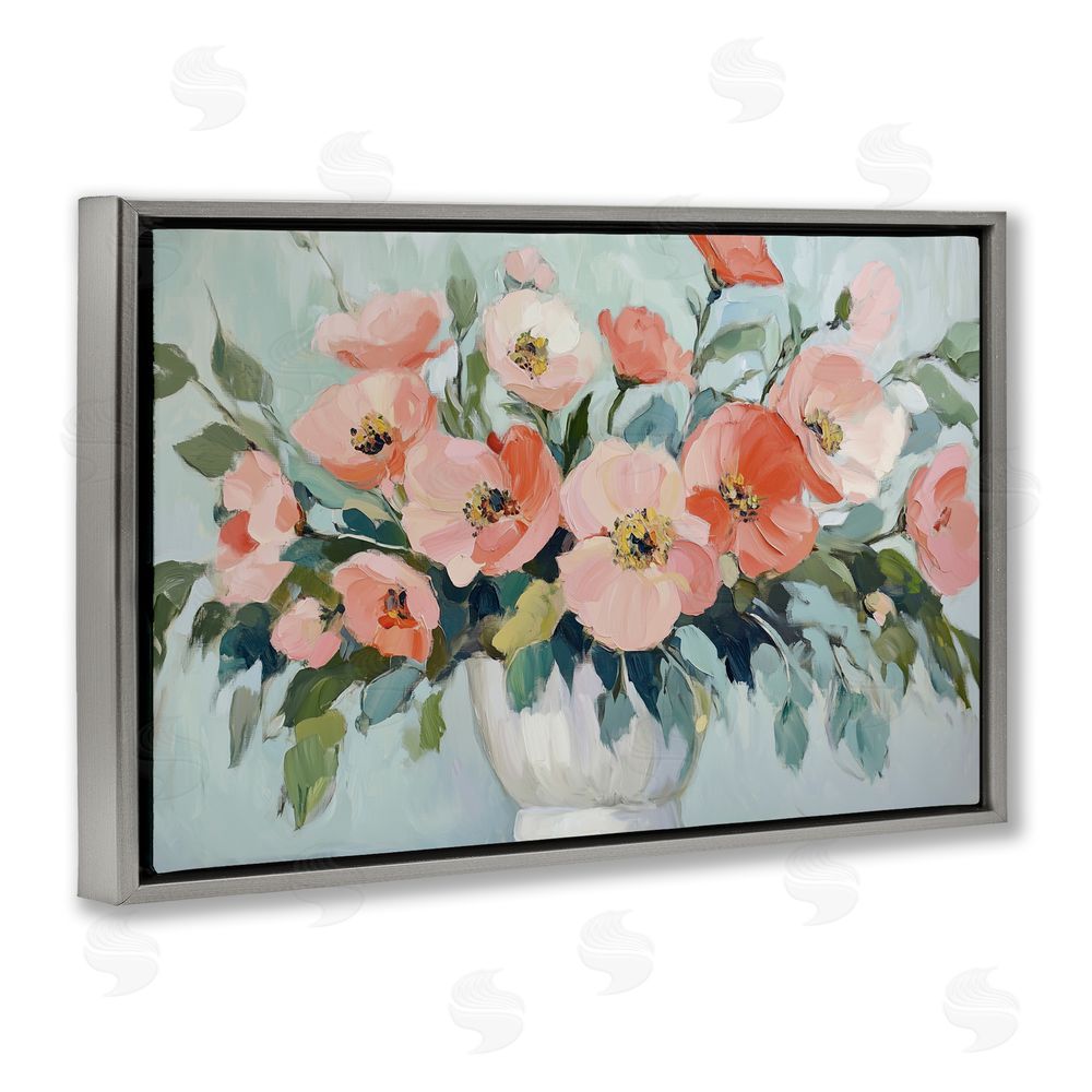 Gina Kelly Pink Flower Arrangement over Green Gray Floating Frame Canvas Wall Art Print