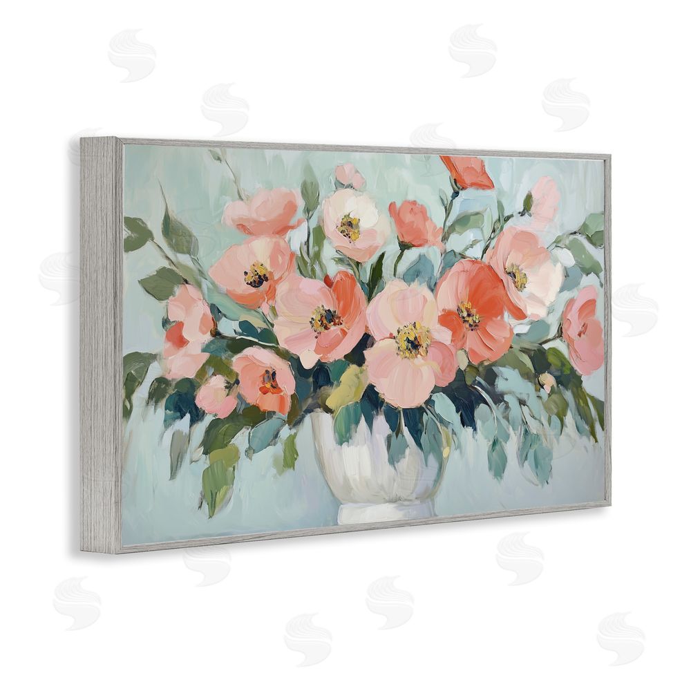 Gina Kelly Pink Flower Arrangement over Green Gray Framed Giclee Wall Art Print