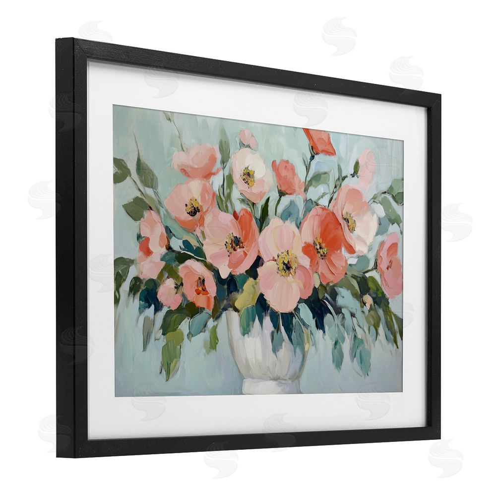 Gina Kelly Pink Flower Arrangement over Green Black Framed Print Under Glass with White Mat Wall Art
