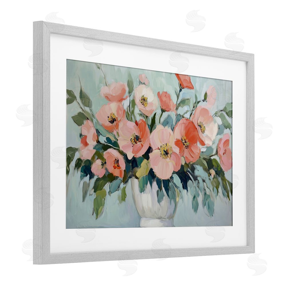 Gina Kelly Pink Flower Arrangement over Green Gray Framed Print Under Glass with White Mat Wall Art