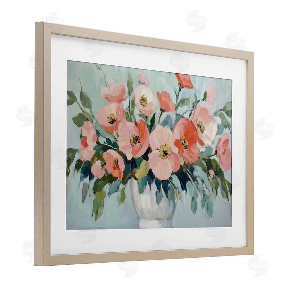 Gina Kelly Pink Flower Arrangement over Green Birch Framed Print Under Glass with White Mat Wall Art