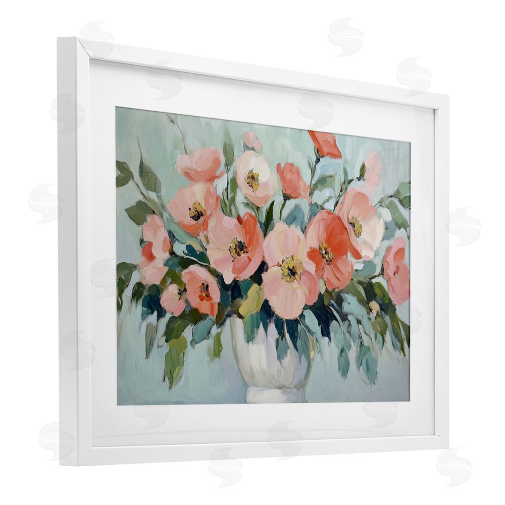 Gina Kelly Pink Flower Arrangement over Green White Framed Print Under Glass with Mat Wall Art