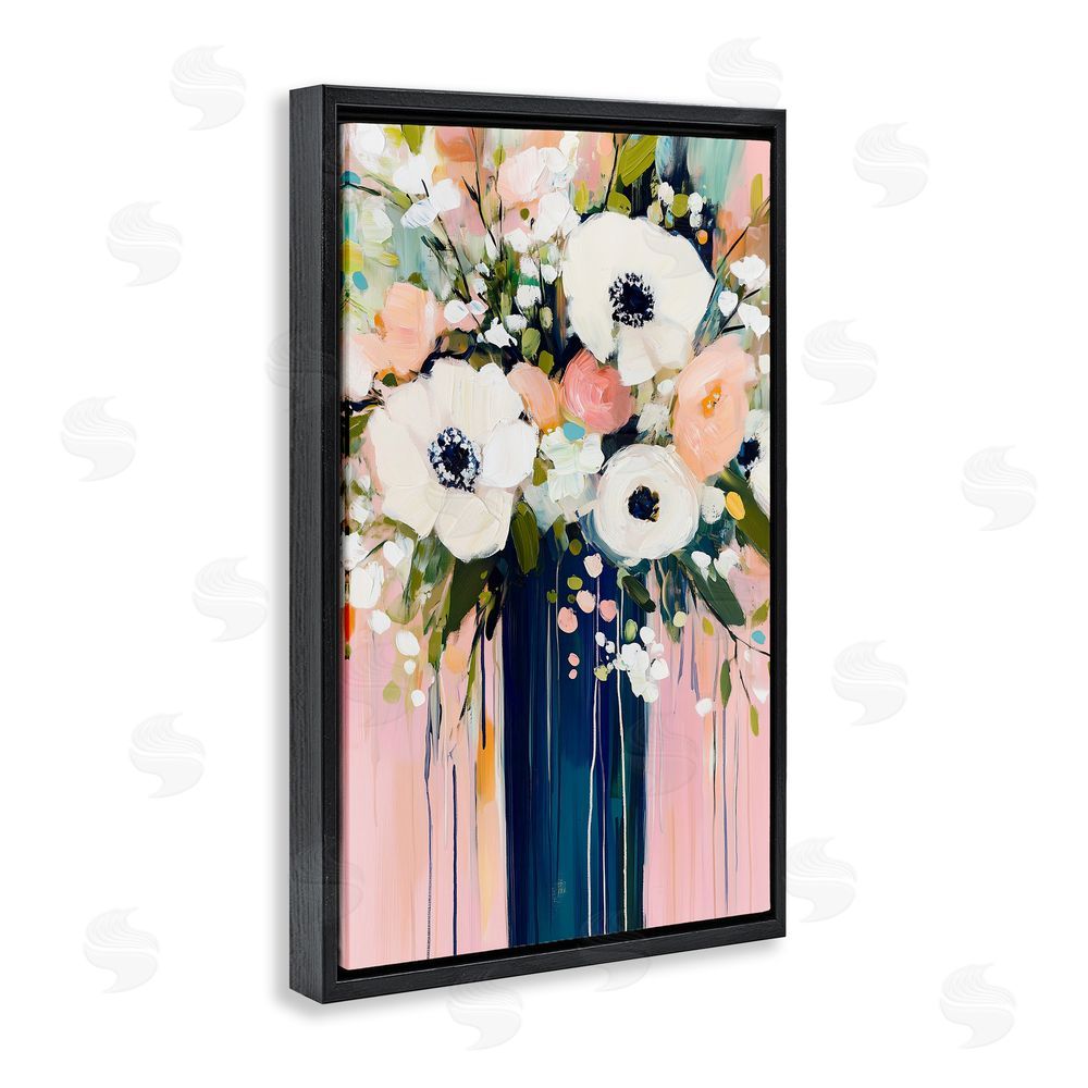 Gina Kelly Modern White Flowers in Vase Black Floating Frame Canvas Wall Art Print