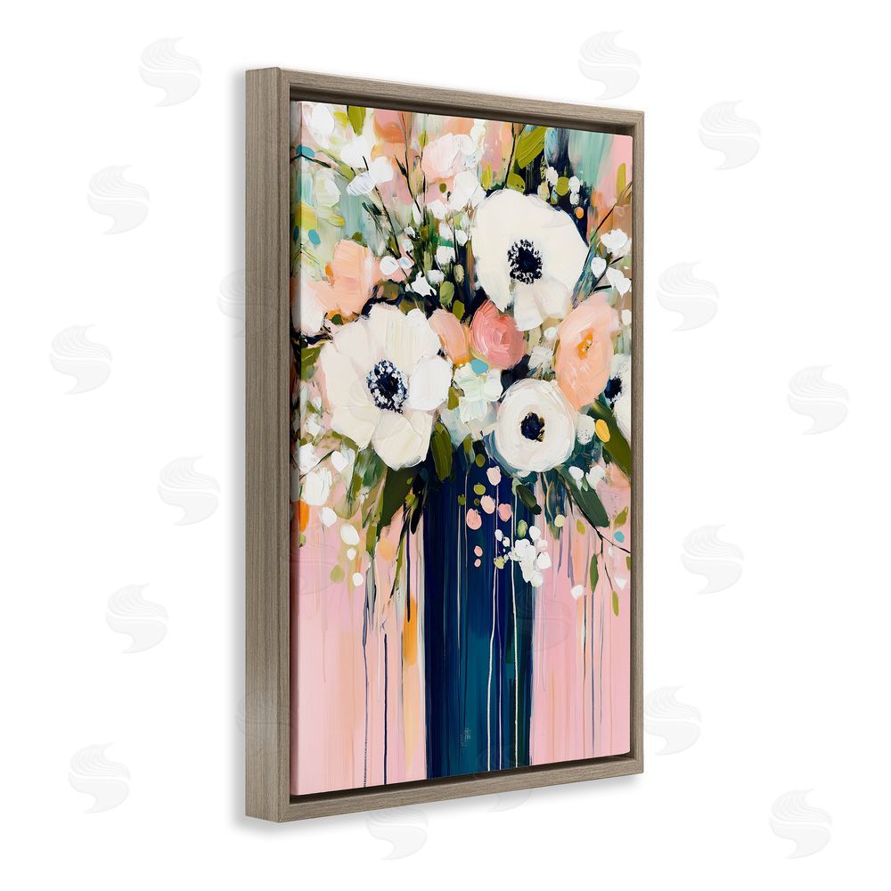Gina Kelly Modern White Flowers in Vase Brown Floating Frame Canvas Wall Art Print