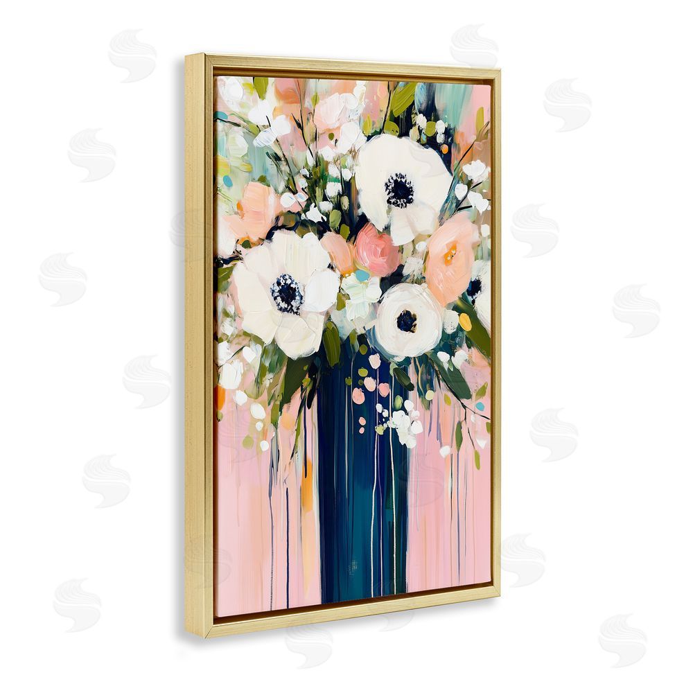 Gina Kelly Modern White Flowers in Vase Gold Floating Frame Canvas Wall Art Print