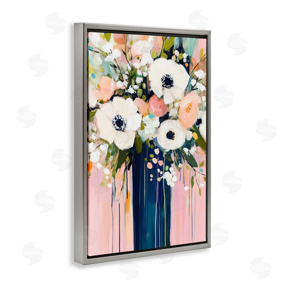Gina Kelly Modern White Flowers in Vase Gray Floating Frame Canvas Wall Art Print