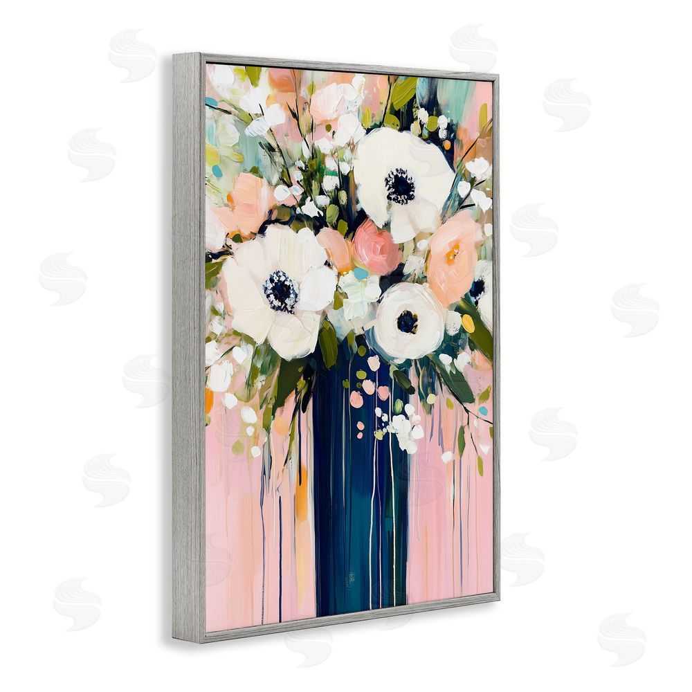 Gina Kelly Modern White Flowers in Vase Gray Framed Giclee Wall Art Print