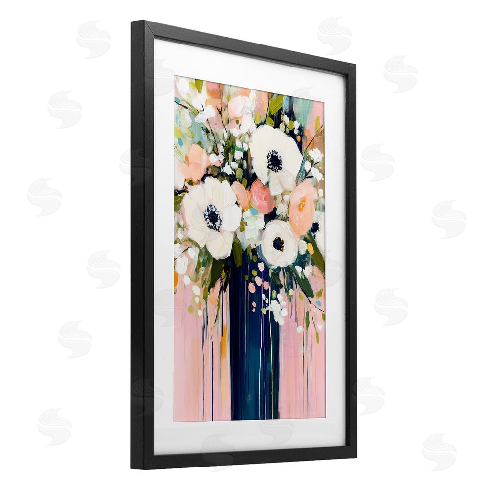 Gina Kelly Modern White Flowers in Vase Black Framed Print Under Glass with White Mat Wall Art