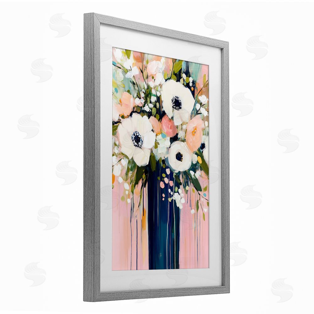 Gina Kelly Modern White Flowers in Vase Gray Framed Print Under Glass with White Mat Wall Art