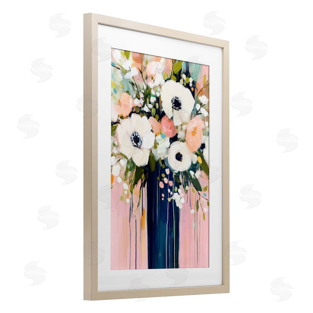 Gina Kelly Modern White Flowers in Vase Birch Framed Print Under Glass with White Mat Wall Art