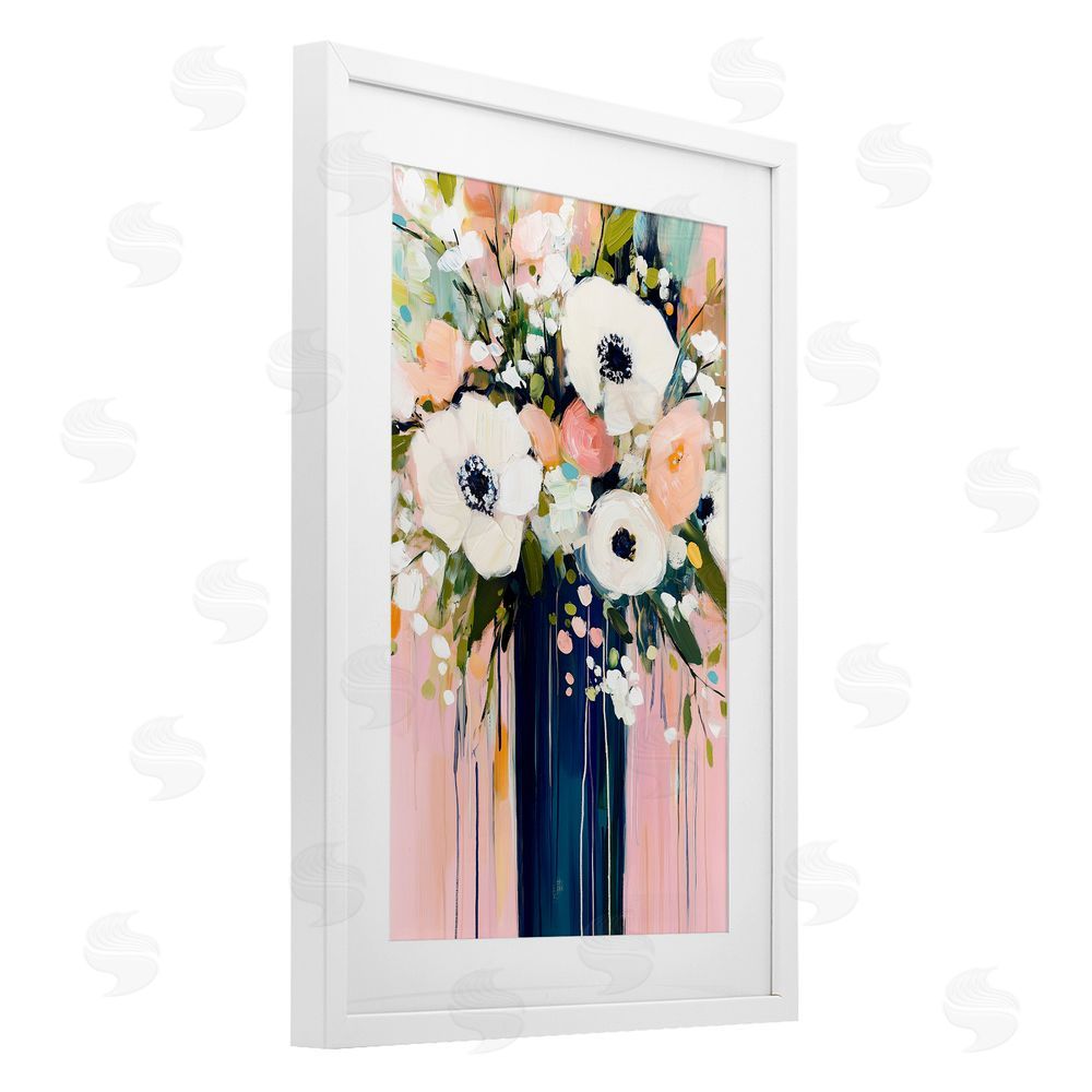 Gina Kelly Modern White Flowers in Vase White Framed Print Under Glass with Mat Wall Art