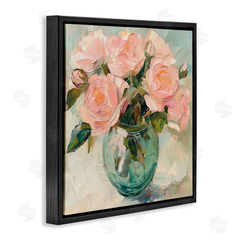 Gina Kelly Pink Roses in Green Vase Black Floating Frame Canvas Wall Art Print
