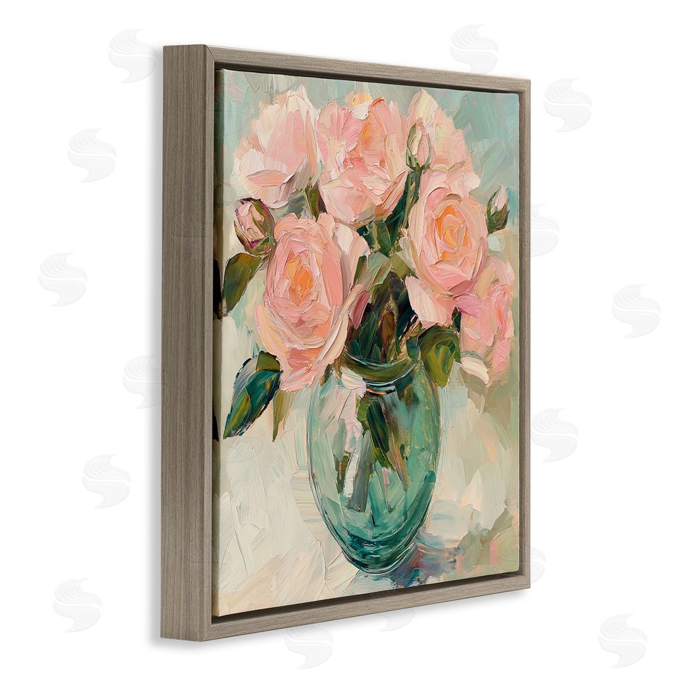 Gina Kelly Pink Roses in Green Vase Brown Floating Frame Canvas Wall Art Print