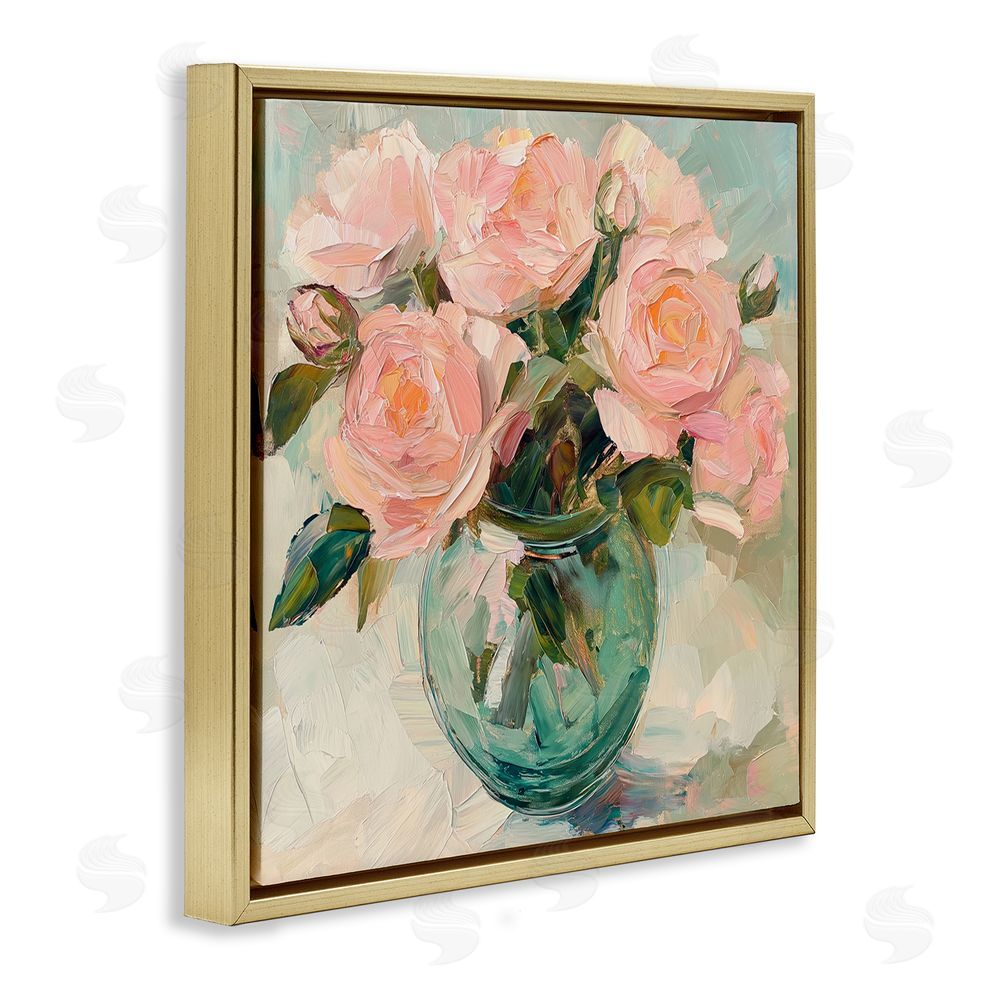 Gina Kelly Pink Roses in Green Vase Gold Floating Frame Canvas Wall Art Print