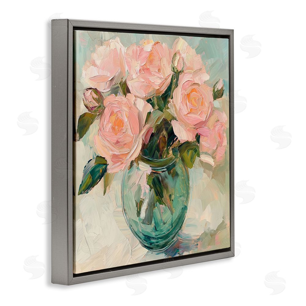 Gina Kelly Pink Roses in Green Vase Gray Floating Frame Canvas Wall Art Print