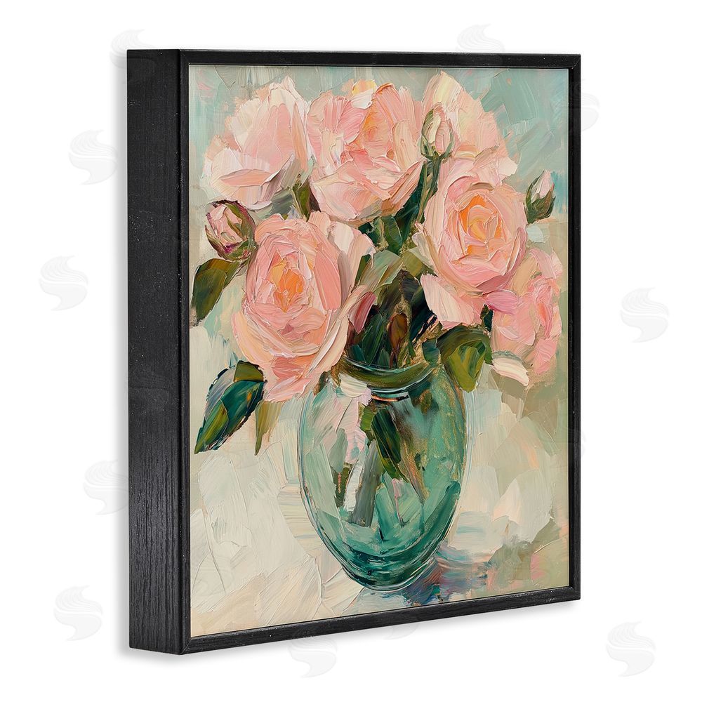 Gina Kelly Pink Roses in Green Vase Black Framed Giclee Wall Art Print
