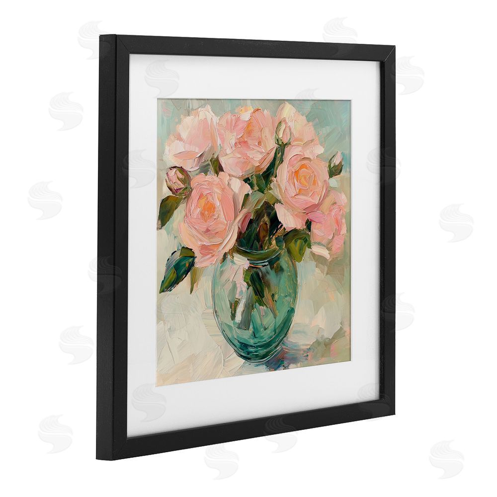 Gina Kelly Pink Roses in Green Vase Black Framed Print Under Glass with White Mat Wall Art