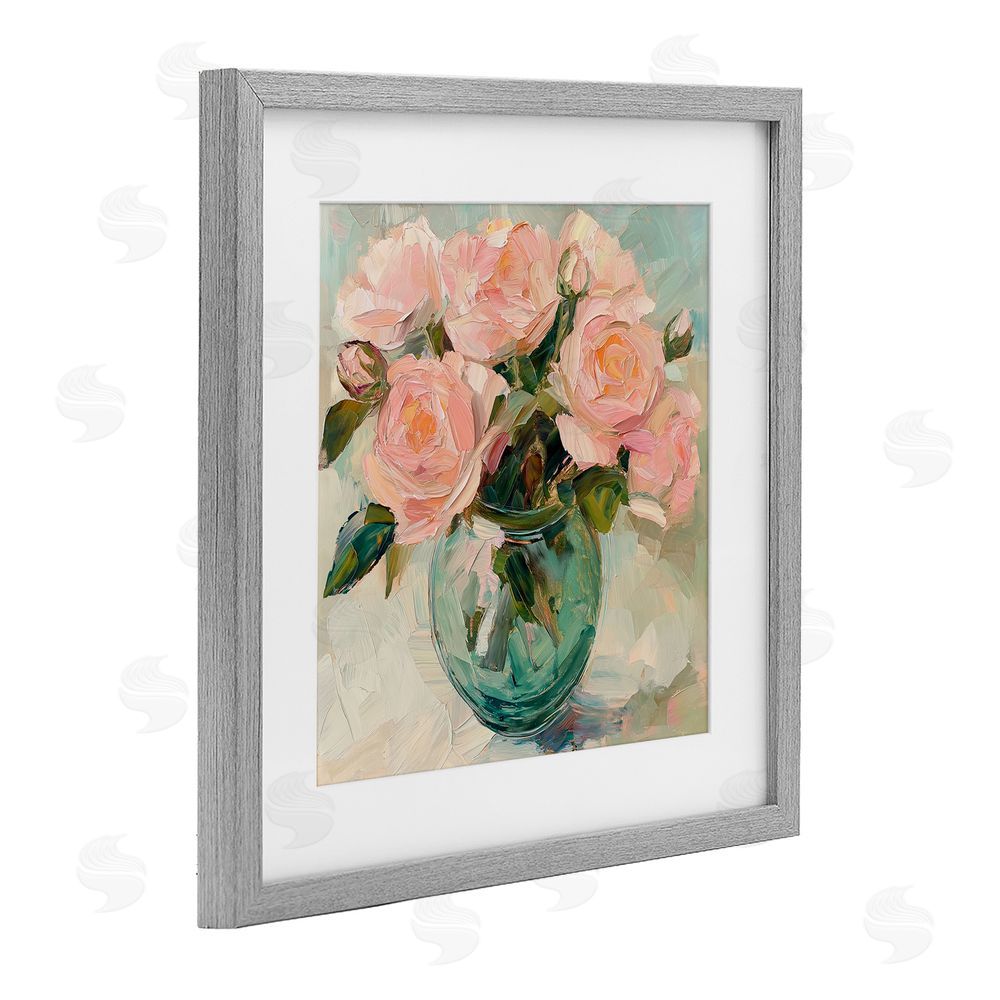 Gina Kelly Pink Roses in Green Vase Gray Framed Print Under Glass with White Mat Wall Art