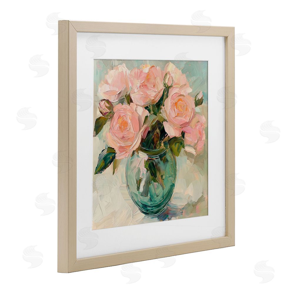 Gina Kelly Pink Roses in Green Vase Birch Framed Print Under Glass with White Mat Wall Art