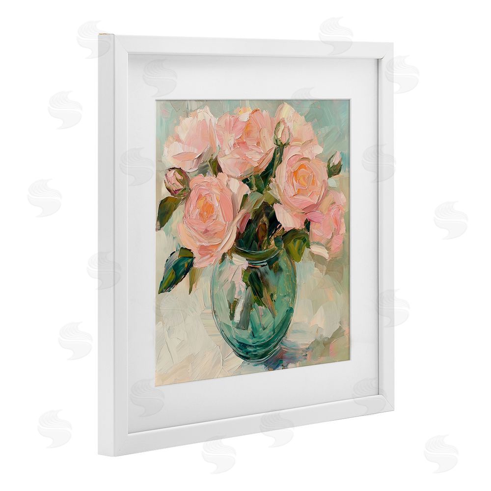 Gina Kelly Pink Roses in Green Vase White Framed Print Under Glass with Mat Wall Art