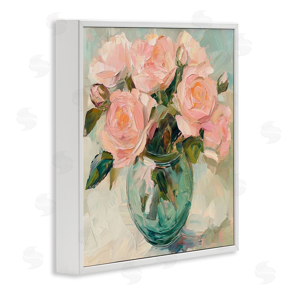 Gina Kelly Pink Roses in Green Vase White Framed Giclee Wall Art Print