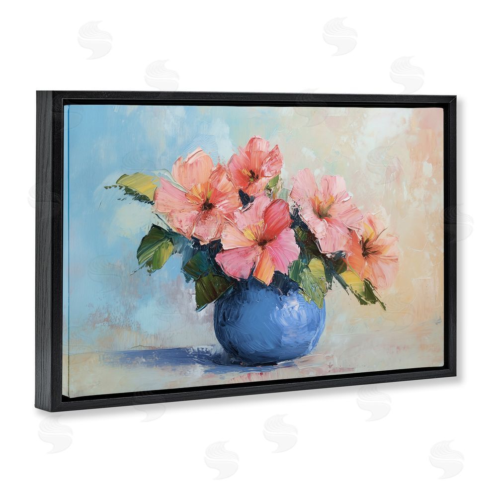 Gina Kelly Hibiscus Flowers in Blue Vase Black Floating Frame Canvas Wall Art Print
