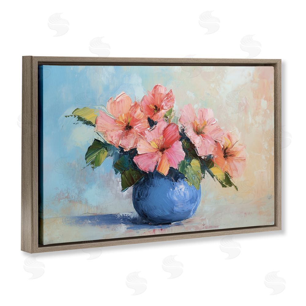 Gina Kelly Hibiscus Flowers in Blue Vase Brown Floating Frame Canvas Wall Art Print
