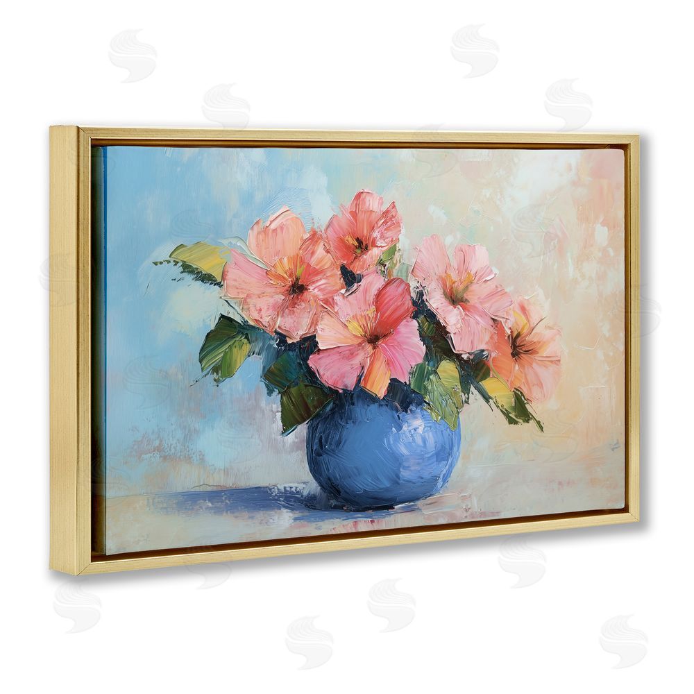 Gina Kelly Hibiscus Flowers in Blue Vase Gold Floating Frame Canvas Wall Art Print