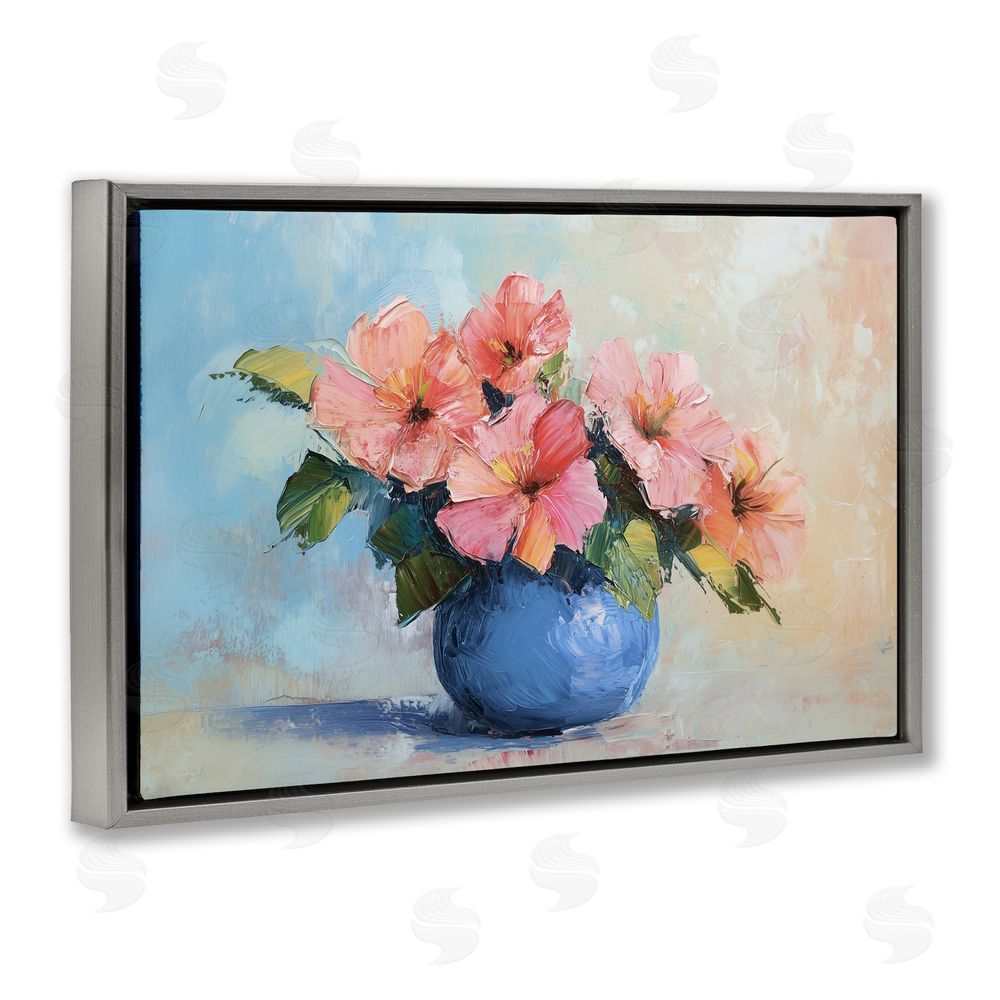 Gina Kelly Hibiscus Flowers in Blue Vase Gray Floating Frame Canvas Wall Art Print