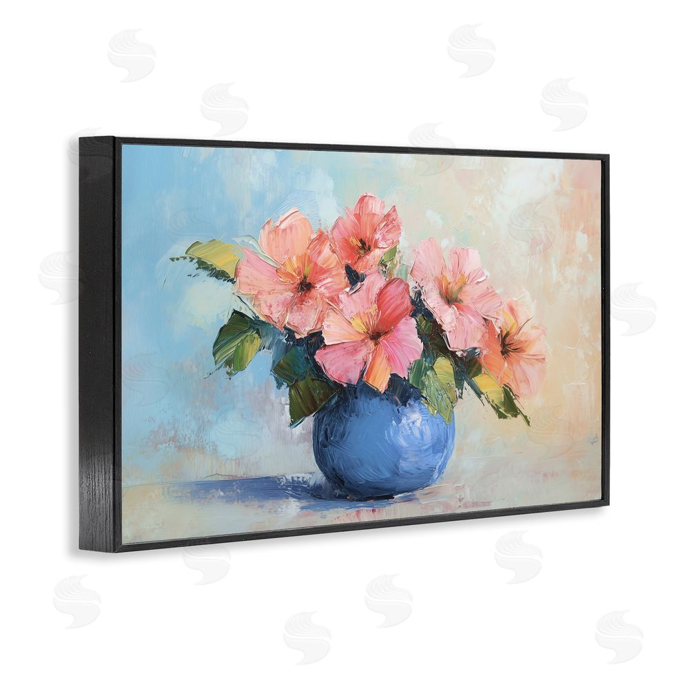 Gina Kelly Hibiscus Flowers in Blue Vase Black Framed Giclee Wall Art Print