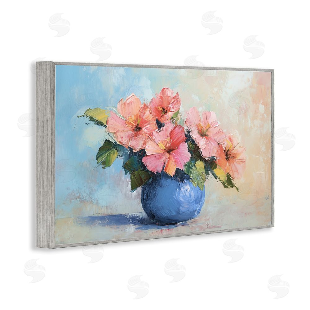 Gina Kelly Hibiscus Flowers in Blue Vase Gray Framed Giclee Wall Art Print