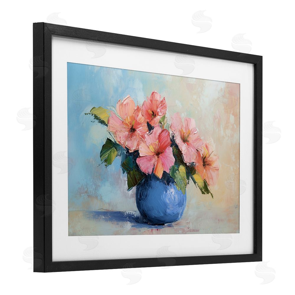 Gina Kelly Hibiscus Flowers in Blue Vase Black Framed Print Under Glass with White Mat Wall Art