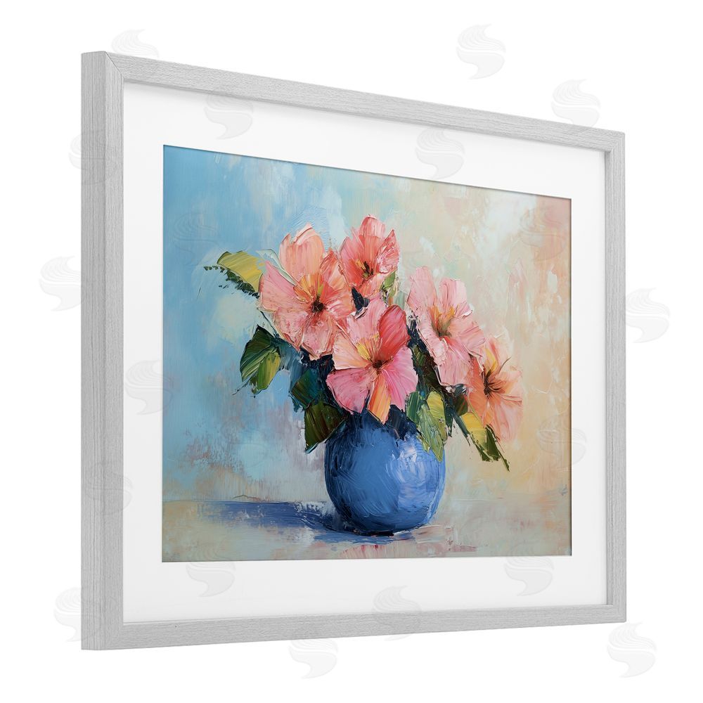 Gina Kelly Hibiscus Flowers in Blue Vase Gray Framed Print Under Glass with White Mat Wall Art