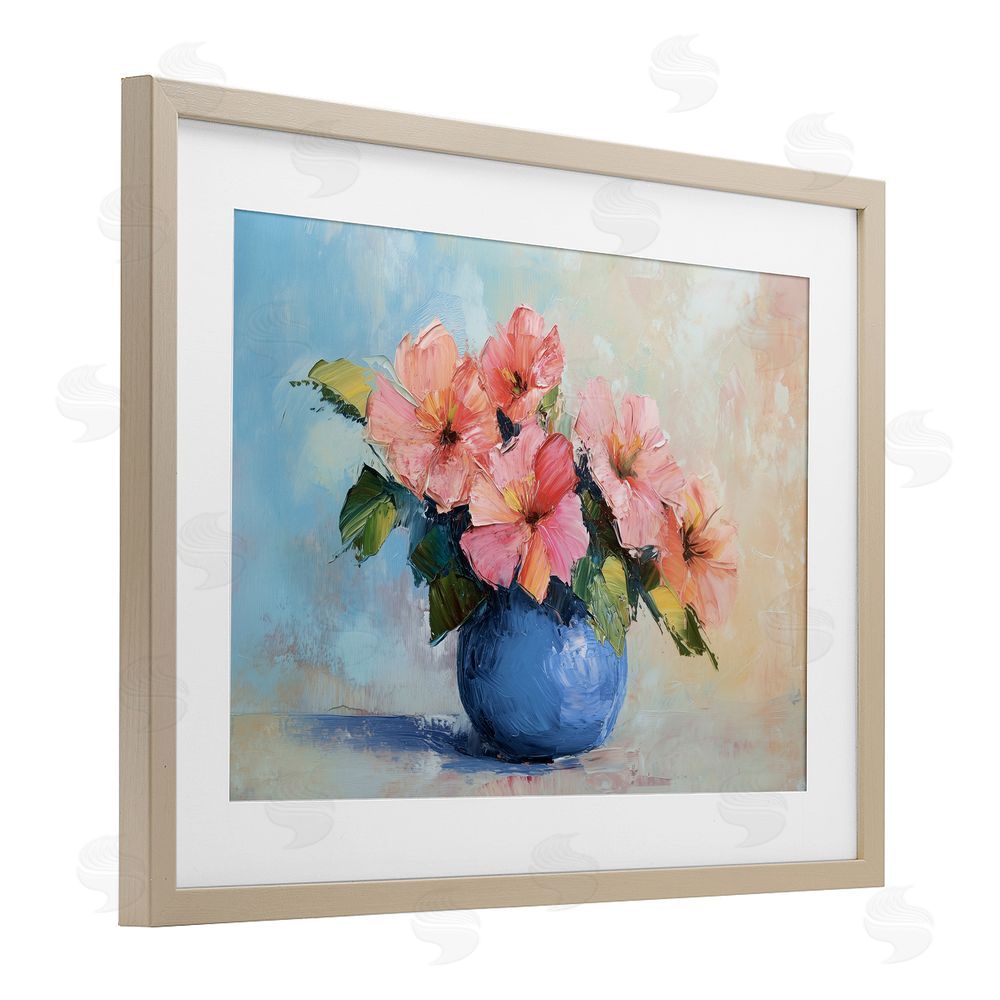 Gina Kelly Hibiscus Flowers in Blue Vase Birch Framed Print Under Glass with White Mat Wall Art