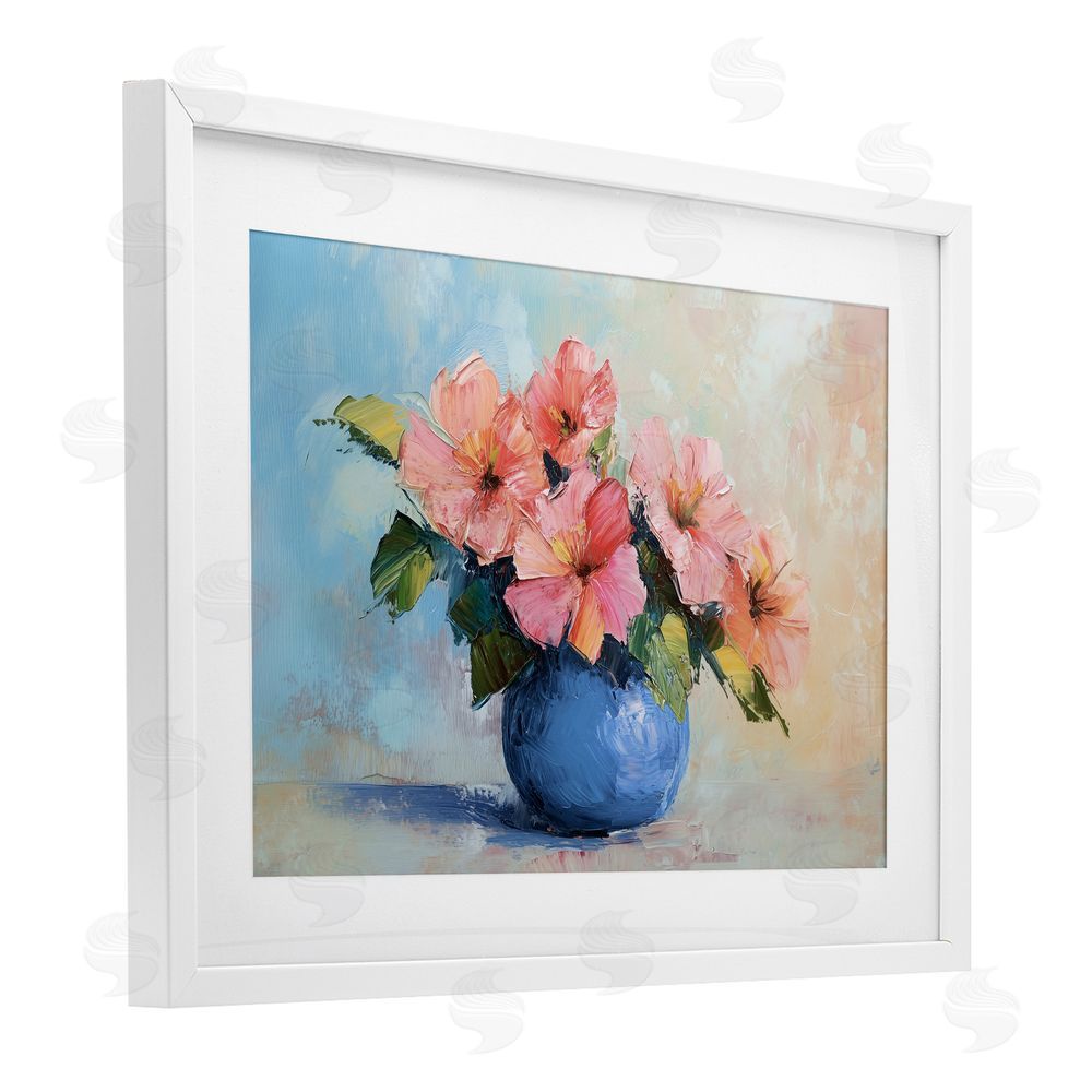 Gina Kelly Hibiscus Flowers in Blue Vase White Framed Print Under Glass with Mat Wall Art