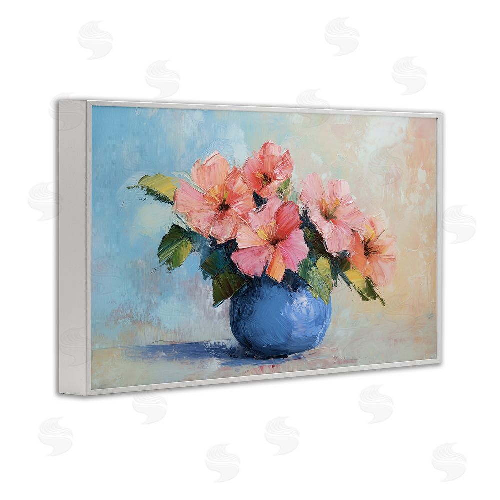 Gina Kelly Hibiscus Flowers in Blue Vase White Framed Giclee Wall Art Print