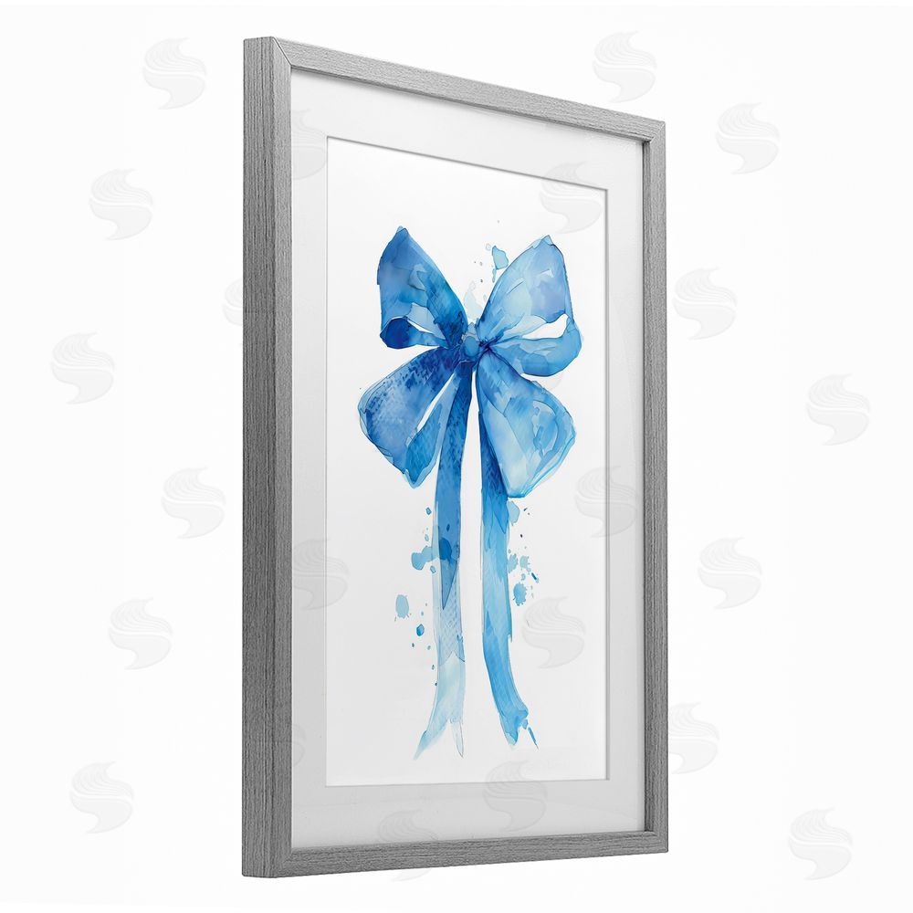 LSR Design Studio Blue Watercolor Bow Illustration Gray Framed Print Under Glass with White Mat Wall Art