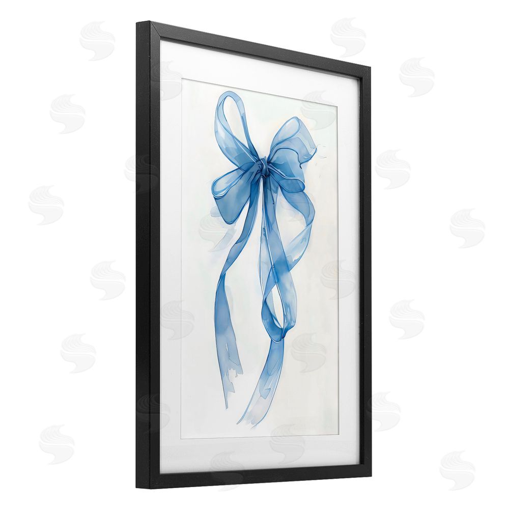 LSR Design Studio Wispy Blue Bow Watercolor Black Framed Print Under Glass with White Mat Wall Art