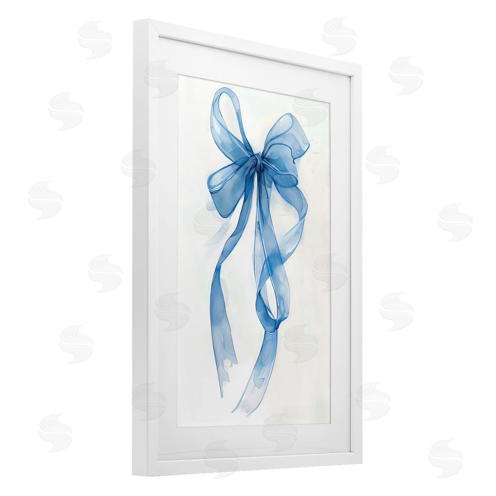 LSR Design Studio Wispy Blue Bow Watercolor White Framed Print Under Glass with Mat Wall Art