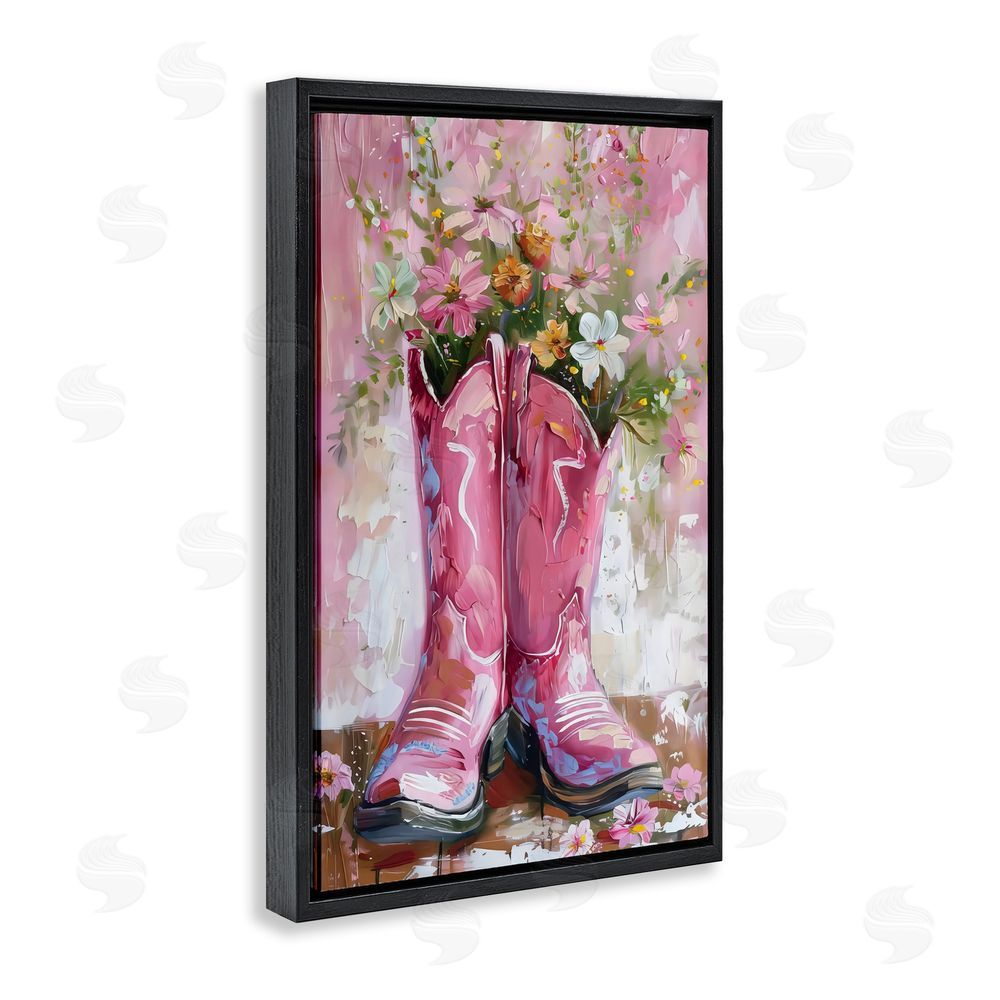 LSR Design Studio Floral Boots Pink Cowgirl Black Floating Frame Canvas Wall Art Print