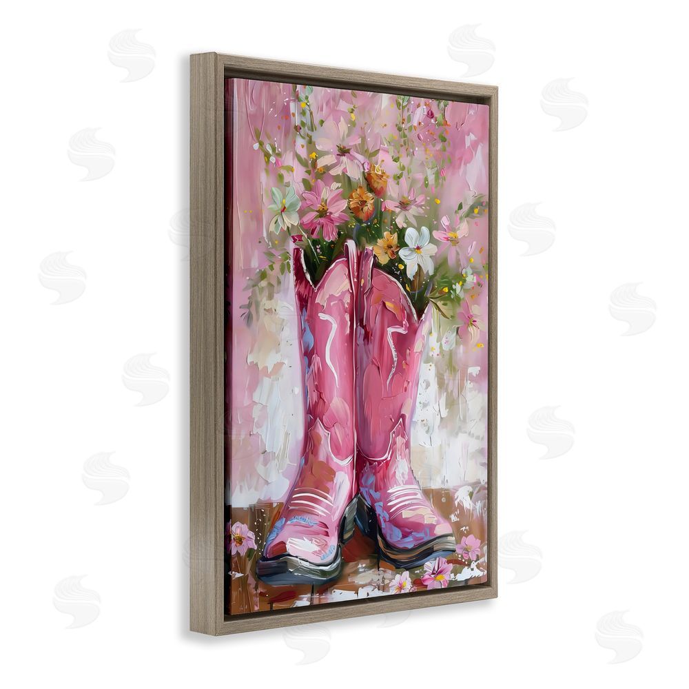 LSR Design Studio Floral Boots Pink Cowgirl Brown Floating Frame Canvas Wall Art Print