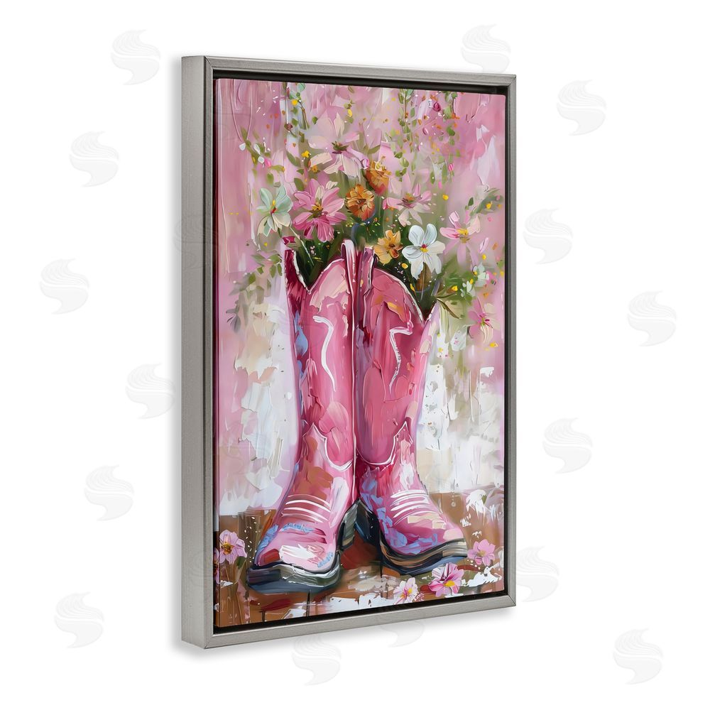 LSR Design Studio Floral Boots Pink Cowgirl Gray Floating Frame Canvas Wall Art Print