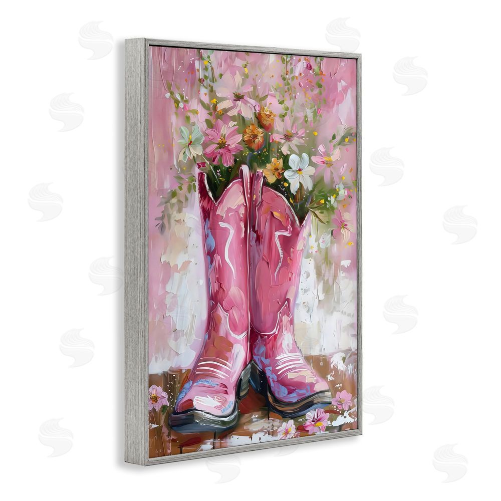 LSR Design Studio Floral Boots Pink Cowgirl Gray Framed Giclee Wall Art Print