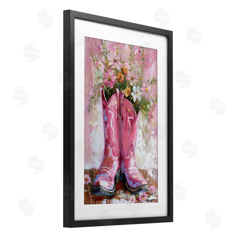 LSR Design Studio Floral Boots Pink Cowgirl Black Framed Print Under Glass with White Mat Wall Art