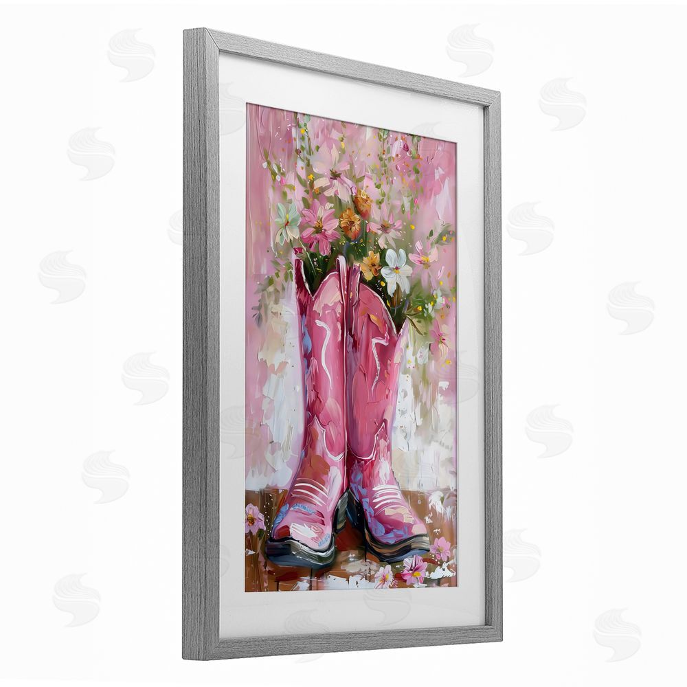 LSR Design Studio Floral Boots Pink Cowgirl Gray Framed Print Under Glass with White Mat Wall Art