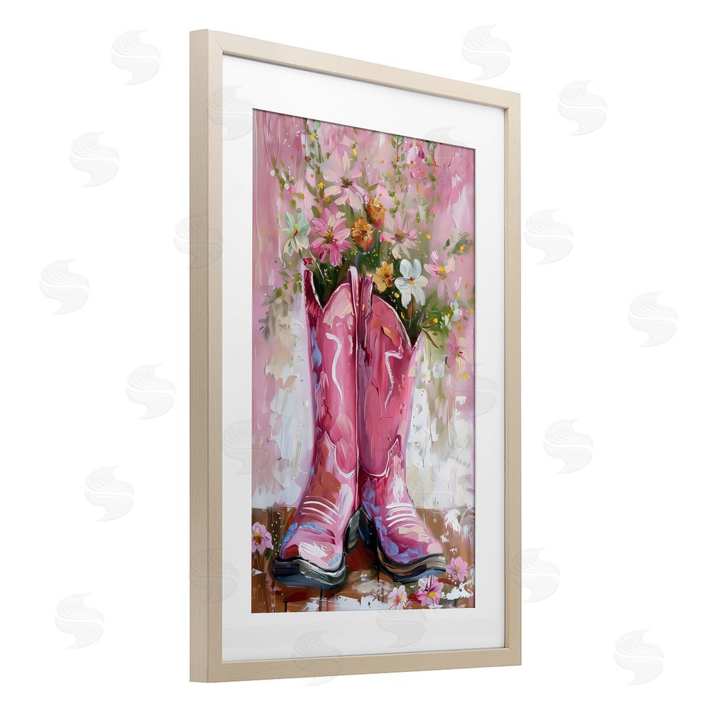 LSR Design Studio Floral Boots Pink Cowgirl Birch Framed Print Under Glass with White Mat Wall Art