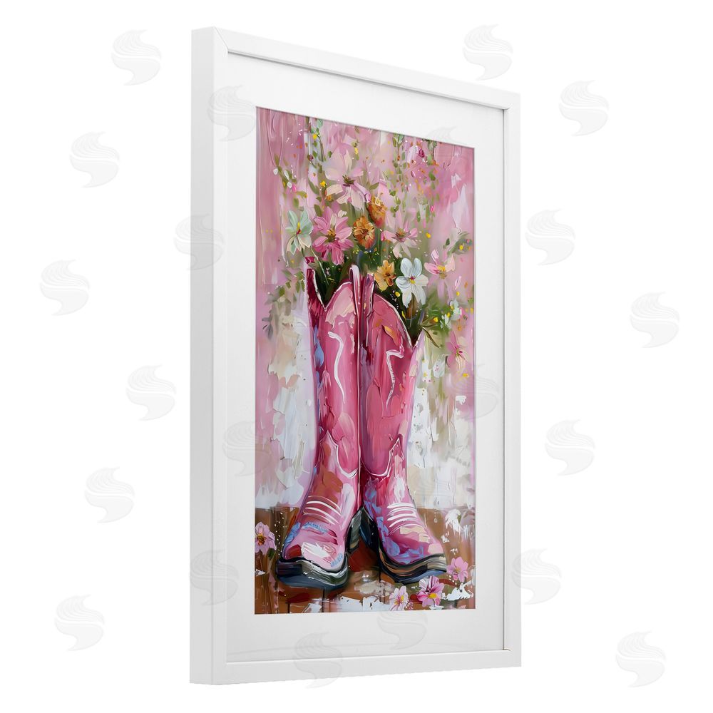 LSR Design Studio Floral Boots Pink Cowgirl White Framed Print Under Glass with Mat Wall Art